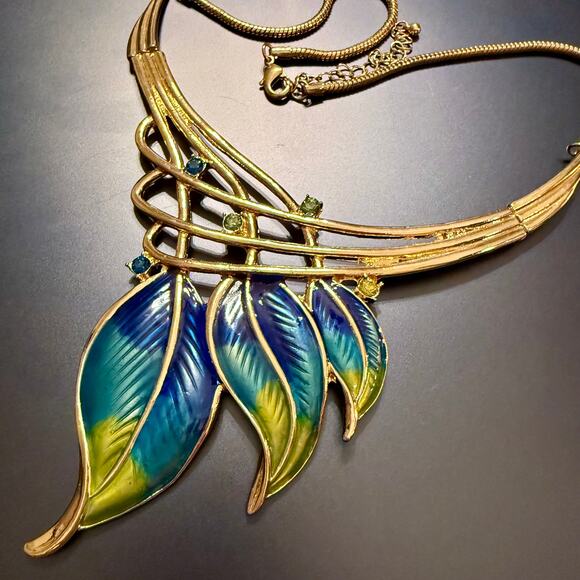 Art Deco Nouveau Style Enamel Gold Tone Statement Necklace - Picture 6 of 8